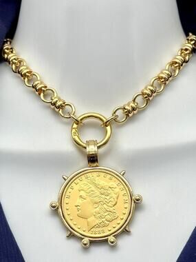 Large gold Morgan coin pendant necklace. Morgan Peace Dollar